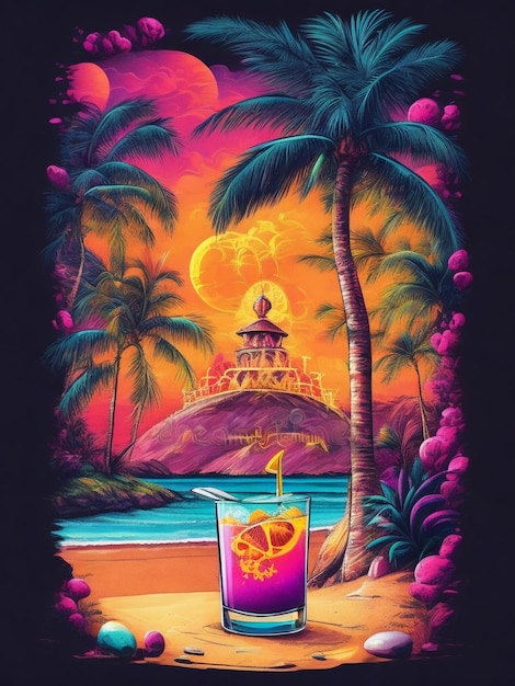 Arte de camiseta vetorial pronta para imprimir ilustração colorida de graffiti de uma praia