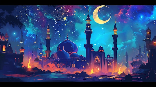arte de cartaz de viagem da mesquita azul de istanbul jovem mulher ficar para trás e assistir a mesquita Ramadan Kareem