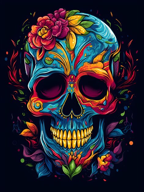 Arte de caveira colorida com design de flores arte de design de camiseta de caveira