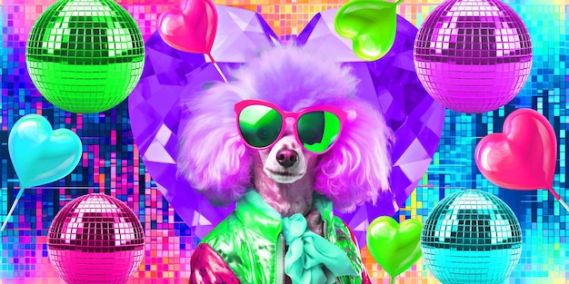 Arte de colagem de moda Cão retro elegante Conceito de festa de discoteca engraçado