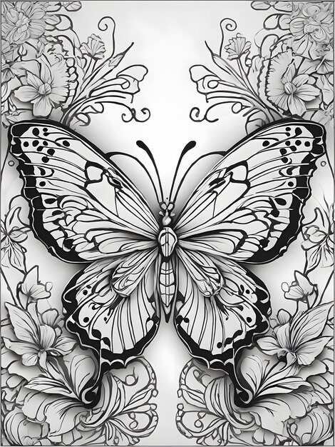 Arte de contorno em preto e branco para páginas de livro para colorir de borboleta, página para colorir, espetáculo todo branco