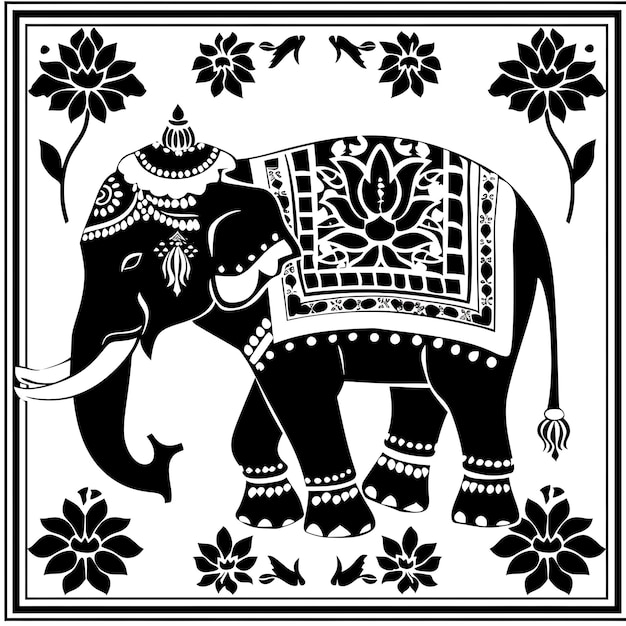 Arte de corte CNC de elefante com flores de lótus e motivos indianos para tinta de desenho de arte de impressão de tatuagem de camiseta D