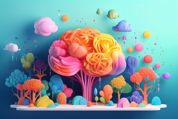 Arte de corte de papel de árvores cerebrais com fundo colorido