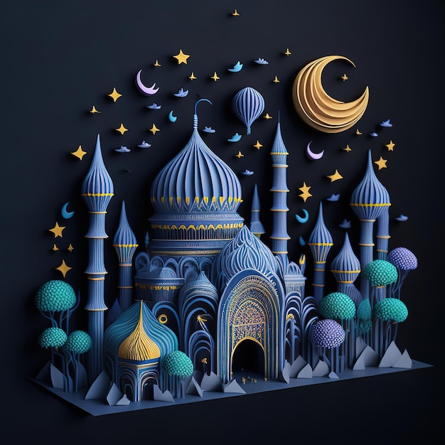 Arte de corte de papel de uma mesquita com uma lua e estrelas