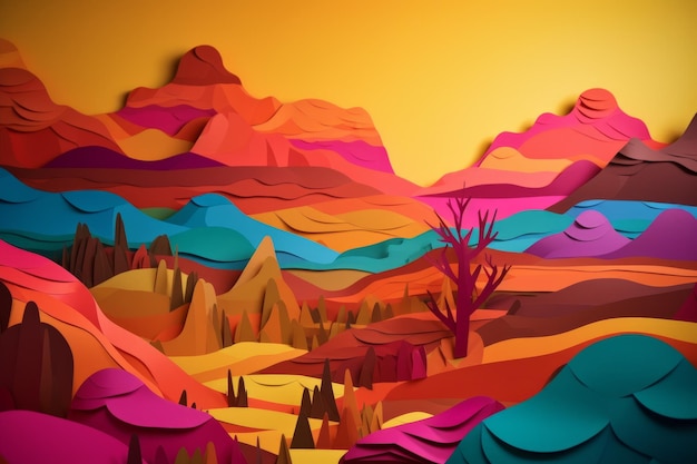 Arte de corte de papel de uma paisagem montanhosa com montanhas e árvores.