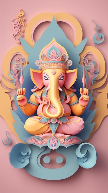 Arte de corte de papel Ganesha com fundo colorido Generative AI