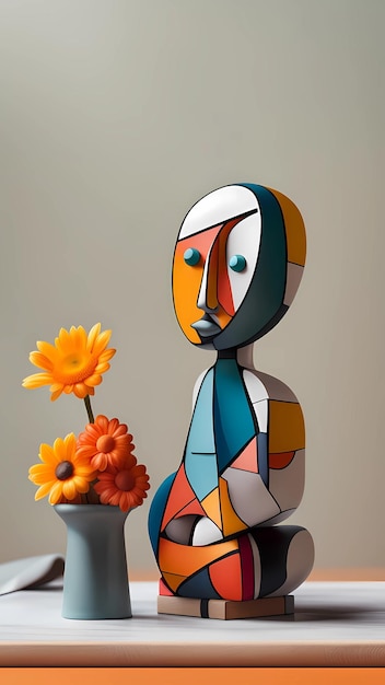 Arte de cubismo de escultura colorida em 3D com influência de Picasso