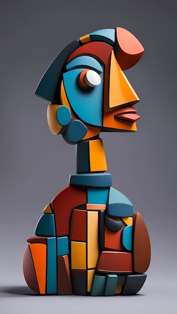 Arte de cubismo de escultura colorida em 3D com influência de Picasso