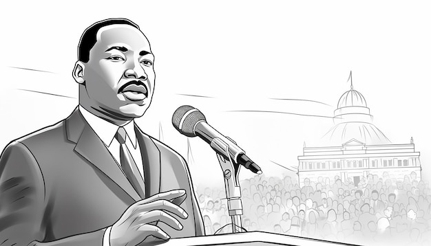 arte de desenho animado vetorial arte em preto e branco do Dr. Martin Luther King JR dando um discurso adulto colo