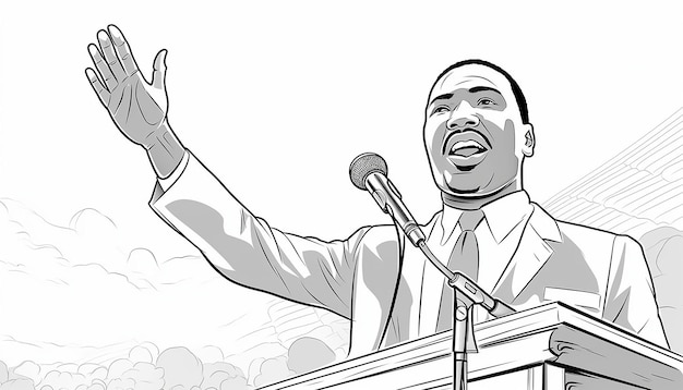 arte de desenho animado vetorial arte preto e branco do Dr. Martin Luther King JR dando um discurso colorir