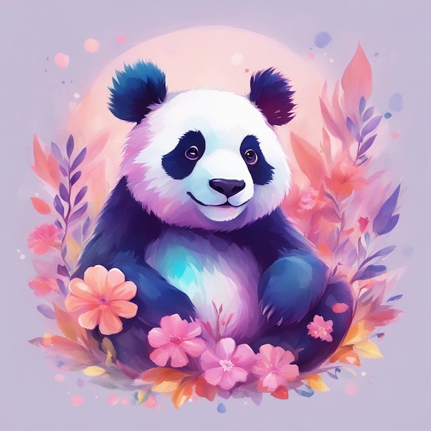 Arte de design de camiseta de fantasia de flores respingo com panda fofo