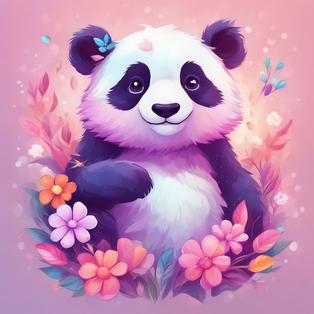 Arte de design de camiseta de fantasia de flores respingo com panda fofo
