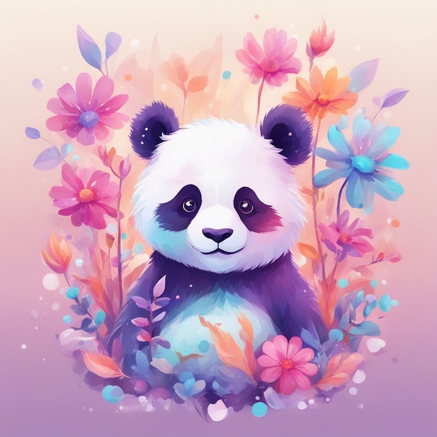 Arte de design de camiseta de fantasia de flores respingo com panda fofo