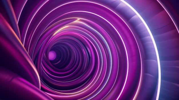 Arte de design gráfico de ilusão abstrata de espiral com formas geométricas de linhas de néon rosa e violeta contra fundo roxo