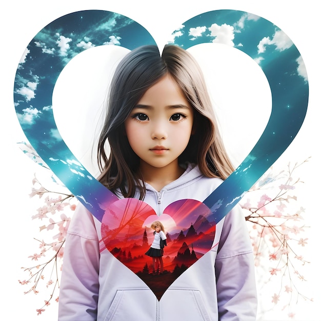 arte de dupla exposição de coração e uma menina de nove anos isolada fundo branco