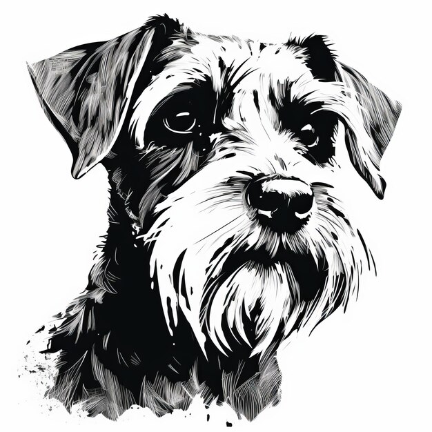 Arte de estêncil de alto contraste de Schnauzer alerta e natureza gentil em preto e branco