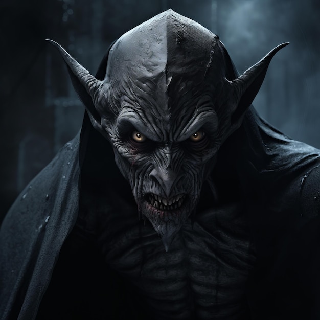 Arte de fantasia realista de criatura de vampiro sinistro com estética cinza escuro
