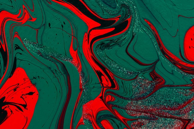 Arte de fluido acrílico verde vermelho, fundo abstrato criativo de Natal