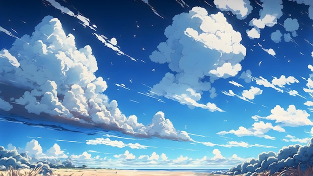 Arte de fundo de anime de céu azul lindo e infinito com muitas nuvens arte gerada pela rede neural