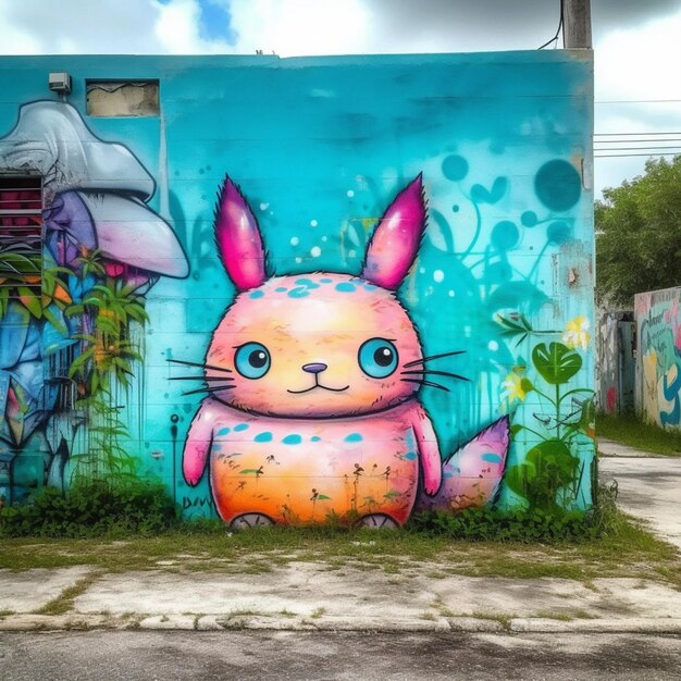 Arte de graffiti de um gato com uma cauda rosa e olhos azuis