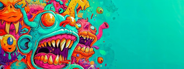 Arte de grafite vibrante e caótica com monstros de desenho animado em cores vivas espalhadas