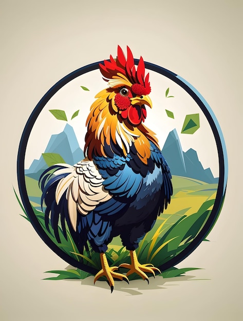 Arte de ilustração de um galo na natureza de fundo para design de camiseta