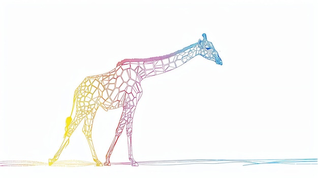 Foto arte de linha colorida de uma girafa caminhando a girafa está voltada para a esquerda e está em plena visão o fundo é branco