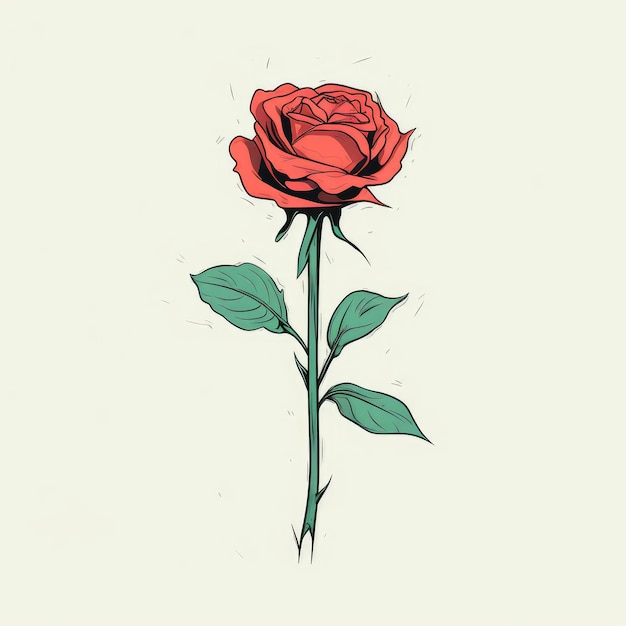 Arte de linha minimalista 2D Uma única rosa em vermelho e verde em um fundo plano, simples e branco