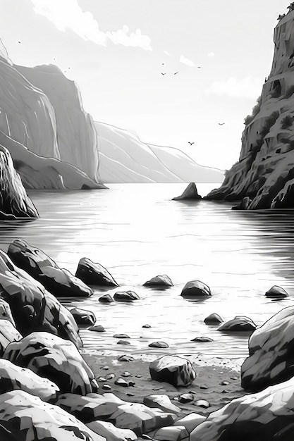 Arte de linha minimalista retratando uma paisagem serena à beira de um lago
