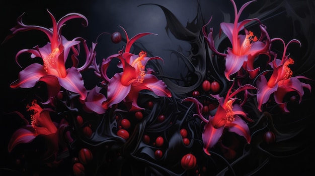 Arte de orquídea Orquídea de fogo preto fantasia elegante Flores místicas Padrão floral exclusivo