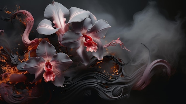 Arte de orquídea Orquídea de fogo preto fantasia elegante Flores místicas Padrão floral exclusivo