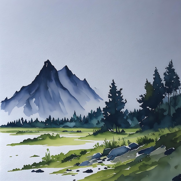 Arte de paisagem de montanha em aquarela