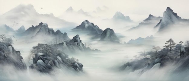 Arte de paisagem Pintura de montanha com tinta chinesa e água