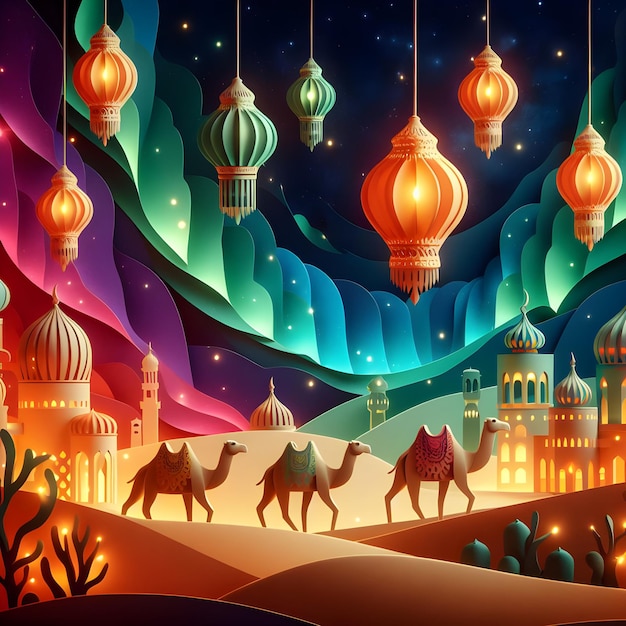 Arte de papel abstrato de papel simples com decoração de lanterna gerada pela IA para a celebração do Ramadã no mês nobre