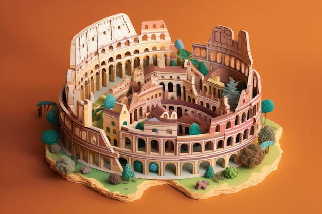 Arte de papel artesanal kirigami de papel multidimensional A ilustração de Roma do Coliseu Generative AI