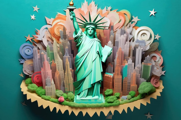 Arte de papel artesanal kirigami de papel multidimensional Ilustração da Estátua da Liberdade em Nova York Generative AI