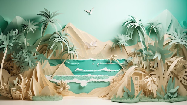 Arte de papel de palmeiras e oceano