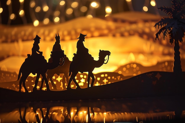 Foto arte de papel de três homens sábios em camelos seguindo a estrela de belém no céu noturno atrás deles