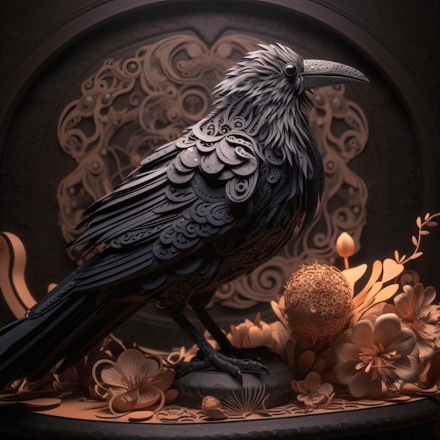 Arte de papel de um corvo com flores