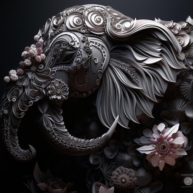 Arte de papel de um elefante com flores