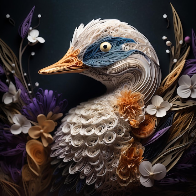 Arte de papel de um pato com flores