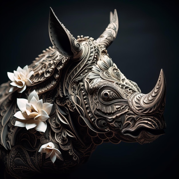 Arte de papel de um rinoceronte com flores