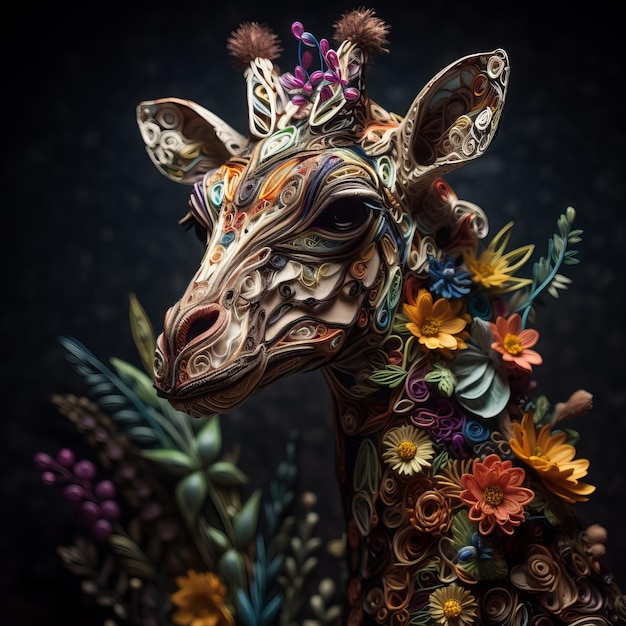 Arte de papel de uma girafa com flores