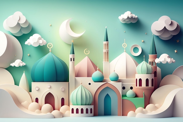 Arte de papel de uma mesquita e lua
