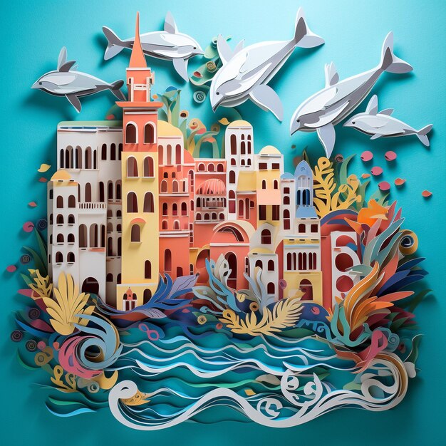 Arte de papel Golfinhos Praia Cor vibrante Arte de papel Arte oceano