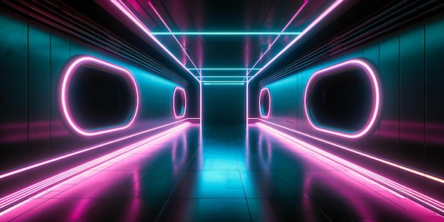 Arte de parede futurista escura linha neon sem costura túnel sem moldura