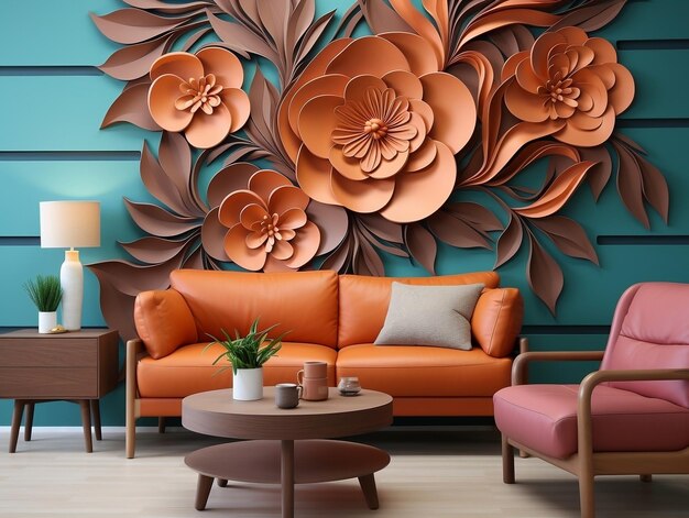 Arte de parede interior 3D com padrão floral e flores sem costura de cor chocolate