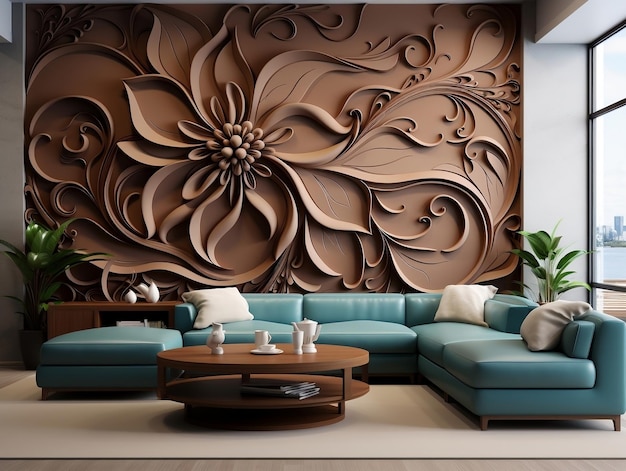 Arte de parede interior 3D com padrão floral e flores sem costura de cor chocolate