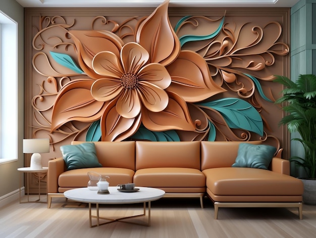 Arte de parede interior 3D com padrão floral e flores sem costura de cor chocolate
