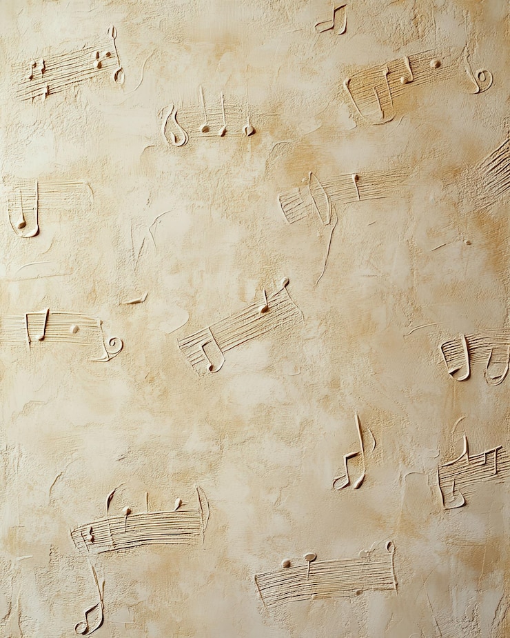 Foto arte de parede texturizada com notas musicais em um cenário bege suave perfeito para um design de interiores com temas musicais